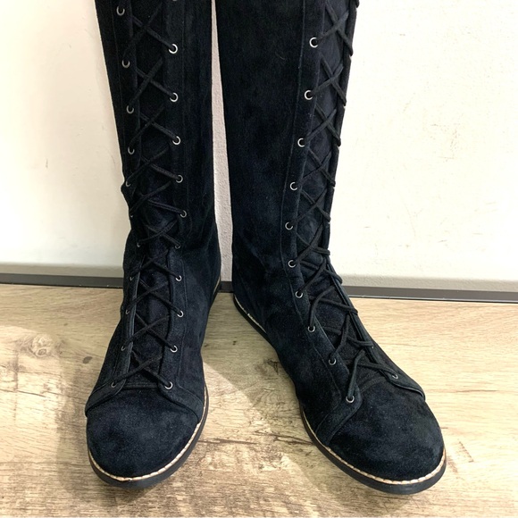 Women's VIONNET PARIS Black Suede OTK Over The Knee LACE UP Flat DESIGNER BOOTS - Picture 4 of 9